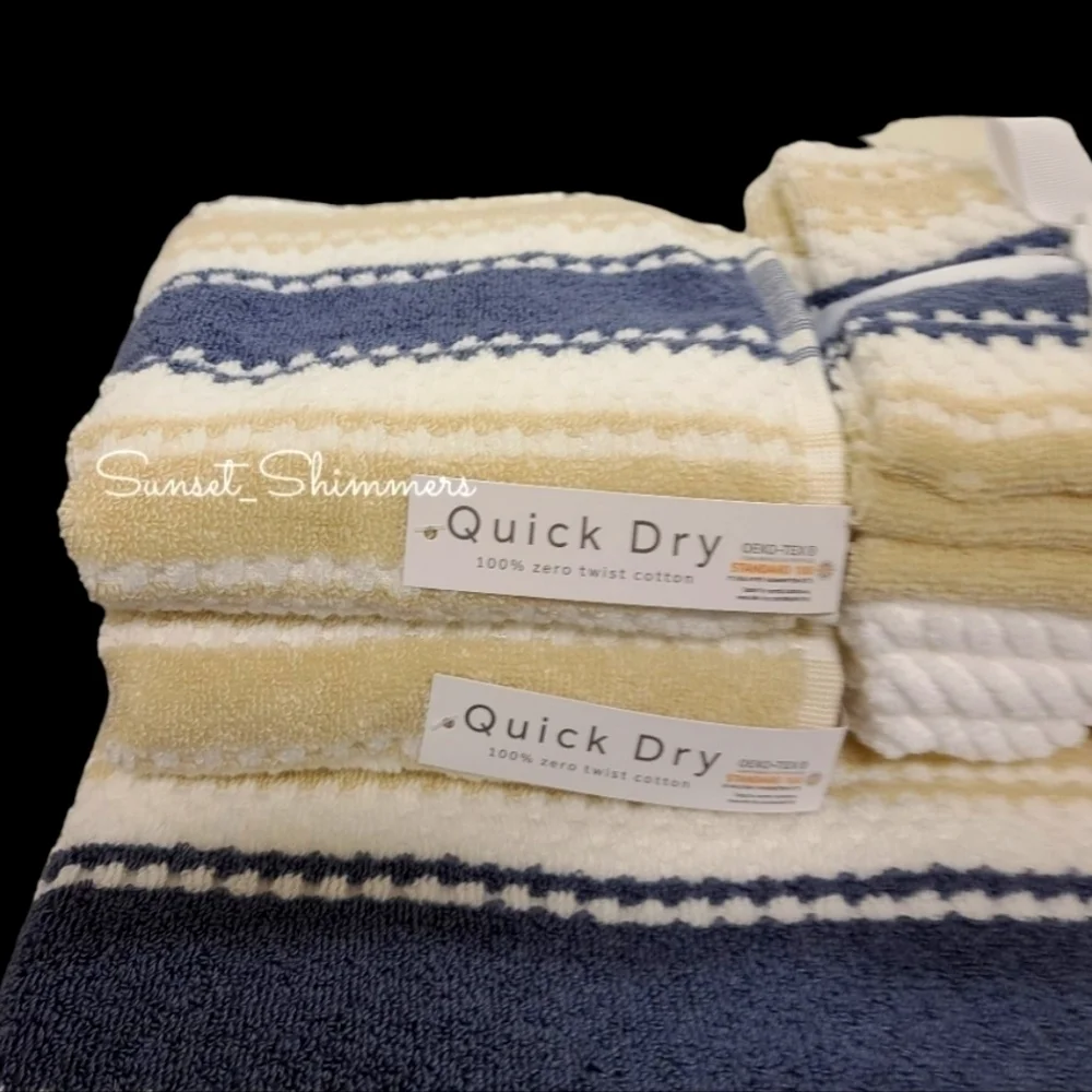 10pc Quick Dry Tan Navy 100% Zero Twist Cotton Bath Hand Washcloth Towel Set